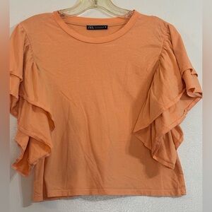 Zara Angel Wing Peach Ruffle Sleeve Cropped Top